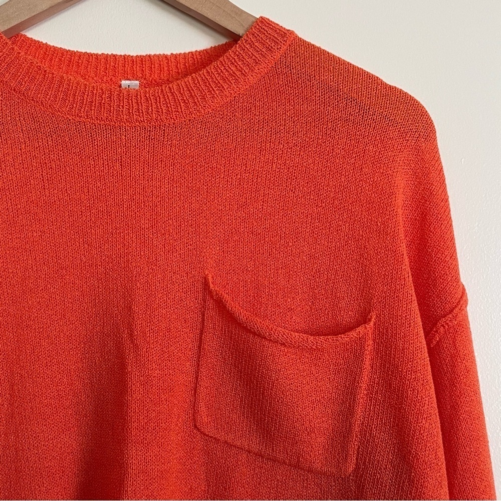 Vibrant Orange Knit Crewneck Sweater Drop Shoulder Chest Pocket Size L